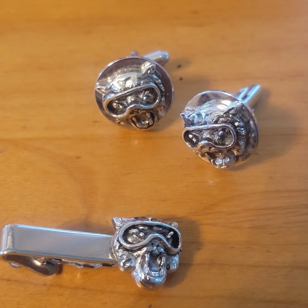 Vintage Silver Tone Aviator Cat Goggles Cufflinks Tie Clip Set Novelty
